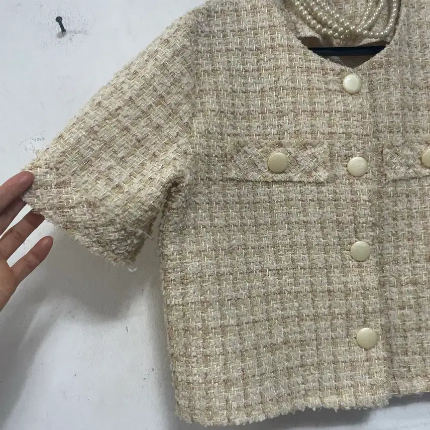 [BUNJANG] N6224 Tweed Crop Jacket / 초특가새)N6224 노카라 트위드 자켓.크롭.금사배색
