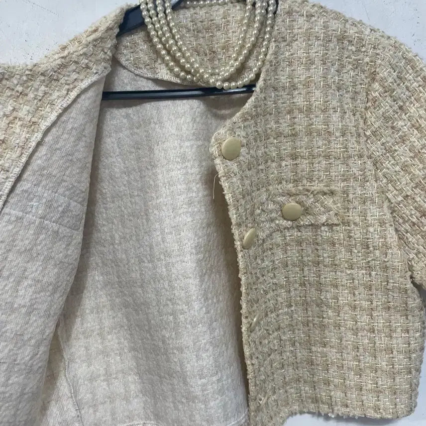 [BUNJANG] N6224 Tweed Crop Jacket / 초특가새)N6224 노카라 트위드 자켓.크롭.금사배색