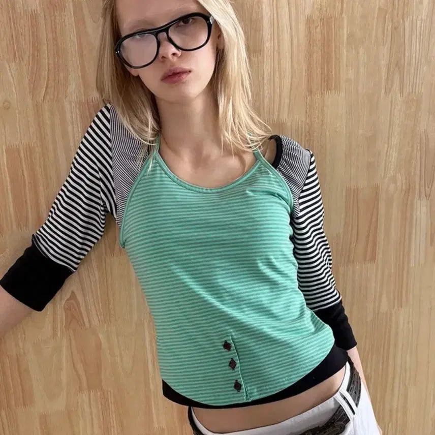 [BUNJANG] Heretic Stripe Halter Top / 헤레틱 스트라이프 스트랩 홀터 탑 / 딥 민트