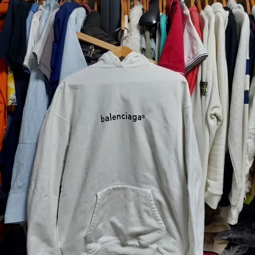 [BUNJANG] Balenciaga White Front Logo Hoodie Large 105 / 발렌시아가 화이트 프론트 로고 후드티 실측 큰105 백화점판
