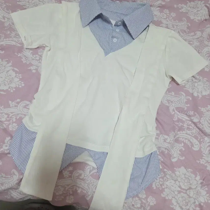 [BUNJANG] Layered Shirt Tie Detail T-shirt / 셔츠 레이어드 타이반팔 티