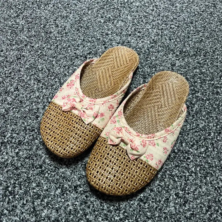[BUNJANG] Rattan Flower Ribbon Slippers 250 / 라탄 플라워 리본 덧신 실내화 250