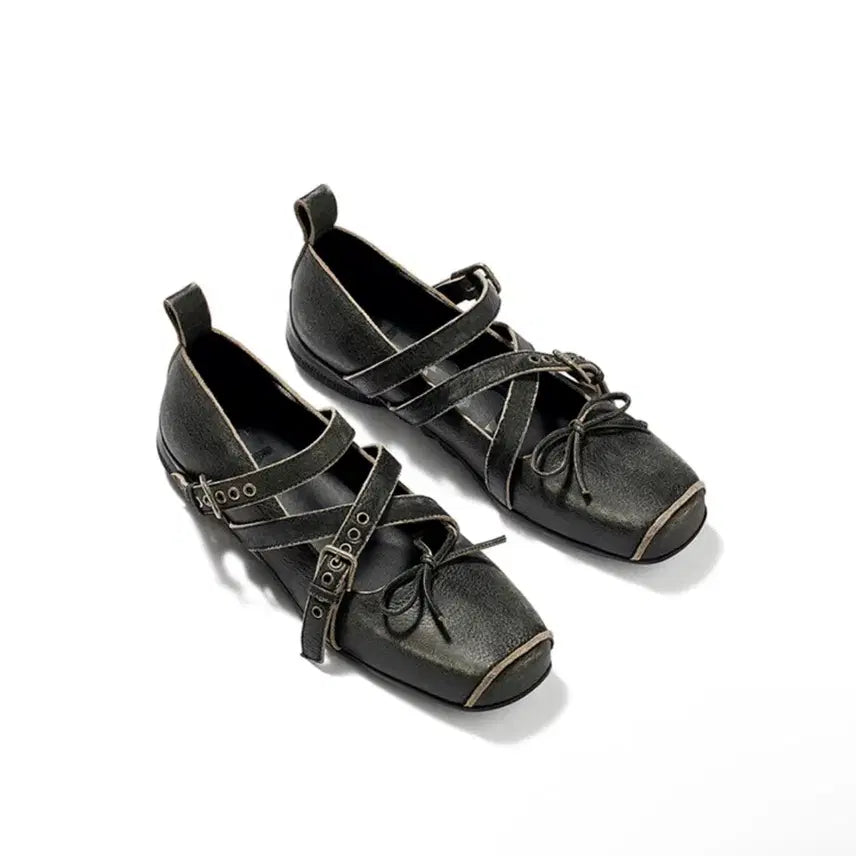 [BUNJANG] Open YY Cross Buckle Ballet Flats - Charcoal / 245) 오픈와이와이 크로스 버클 발레 플랫 차콜