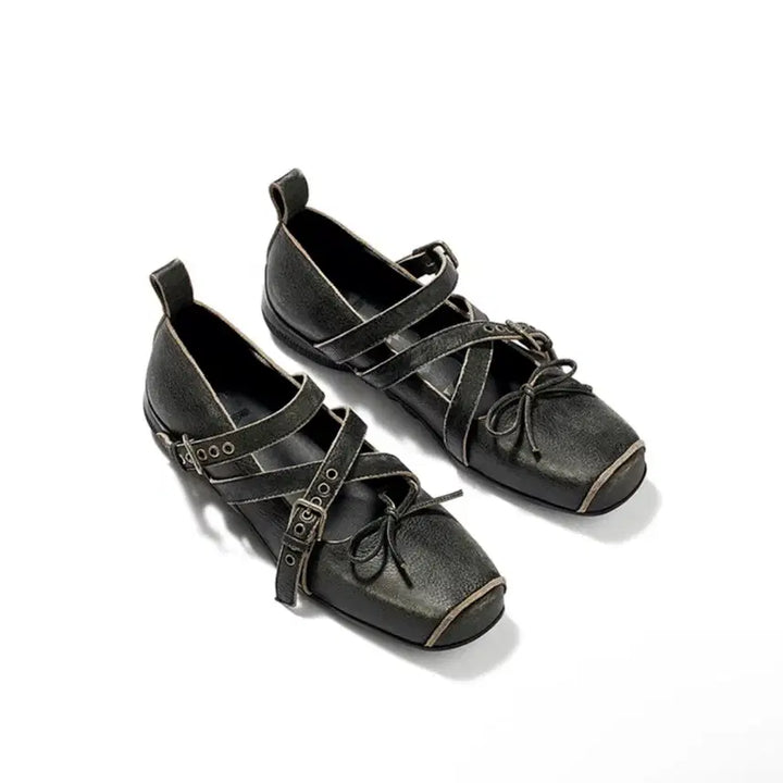 [BUNJANG] Open YY Cross Buckle Ballet Flats - Charcoal / 245) 오픈와이와이 크로스 버클 발레 플랫 차콜