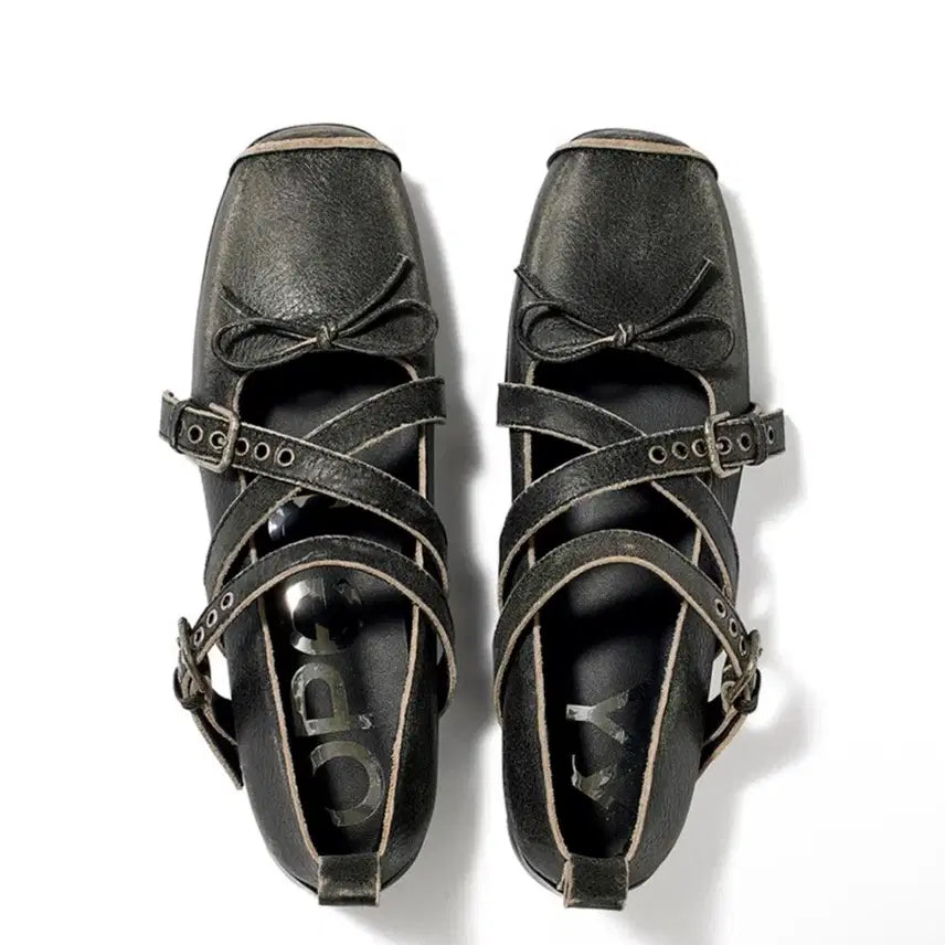 [BUNJANG] Open YY Cross Buckle Ballet Flats - Charcoal / 245) 오픈와이와이 크로스 버클 발레 플랫 차콜