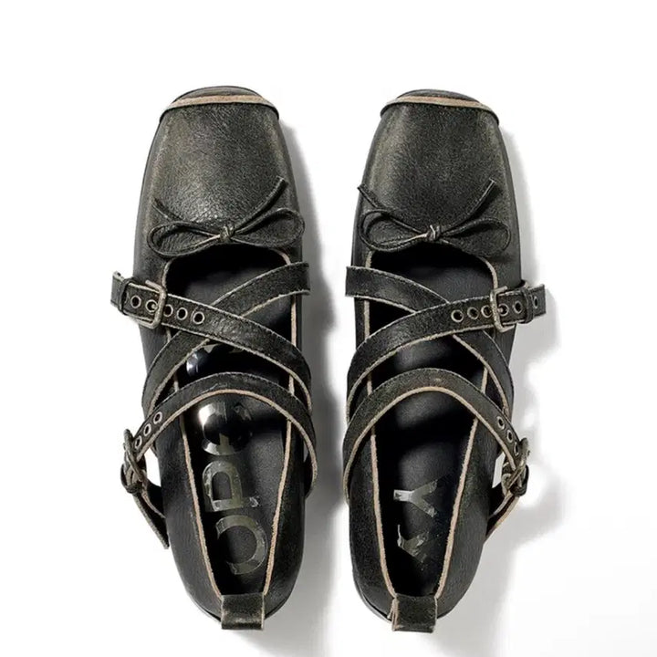 [BUNJANG] Open YY Cross Buckle Ballet Flats - Charcoal / 245) 오픈와이와이 크로스 버클 발레 플랫 차콜