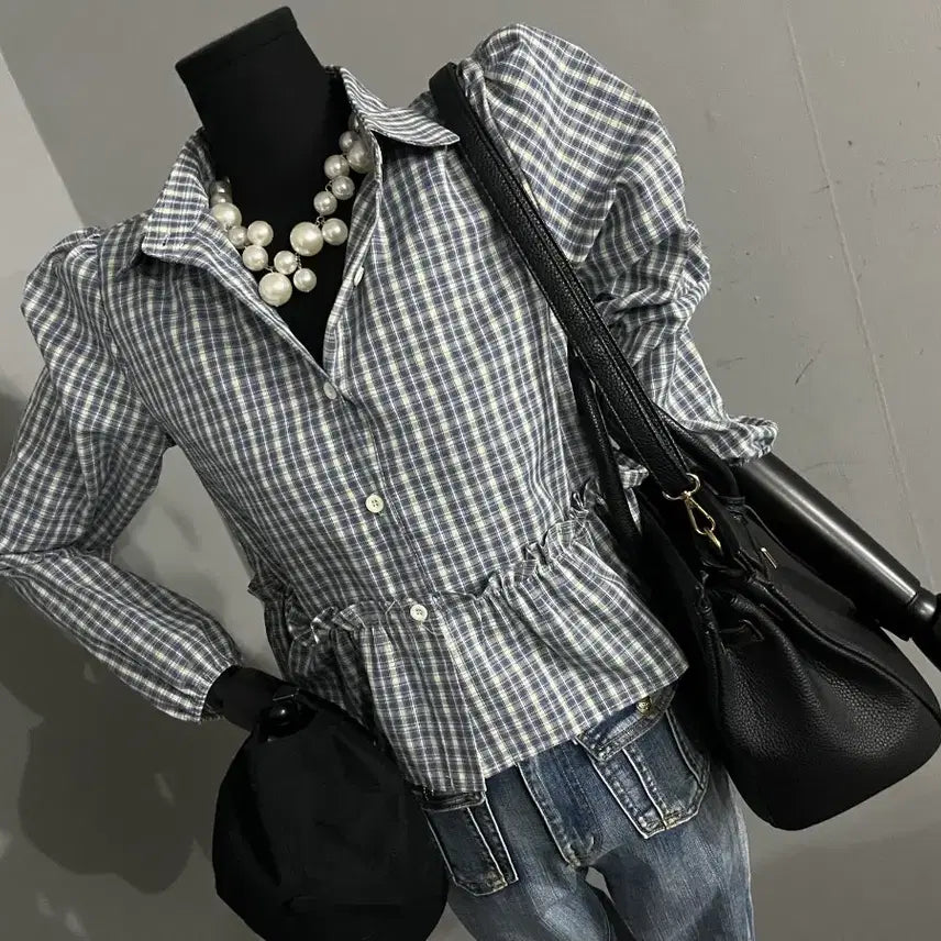 [BUNJANG] Check Flare Blouse / 체크블라우스/체크프릴블라우스/블라우스