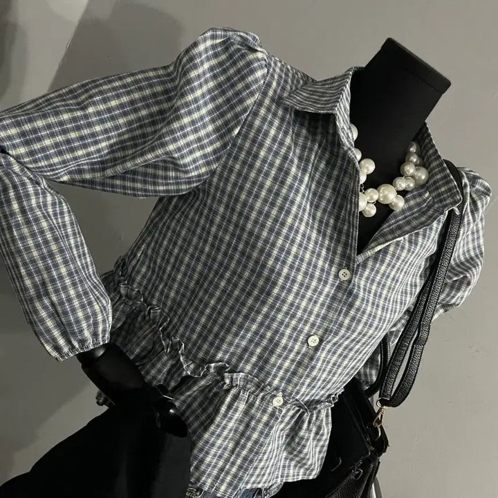 [BUNJANG] Check Flare Blouse / 체크블라우스/체크프릴블라우스/블라우스