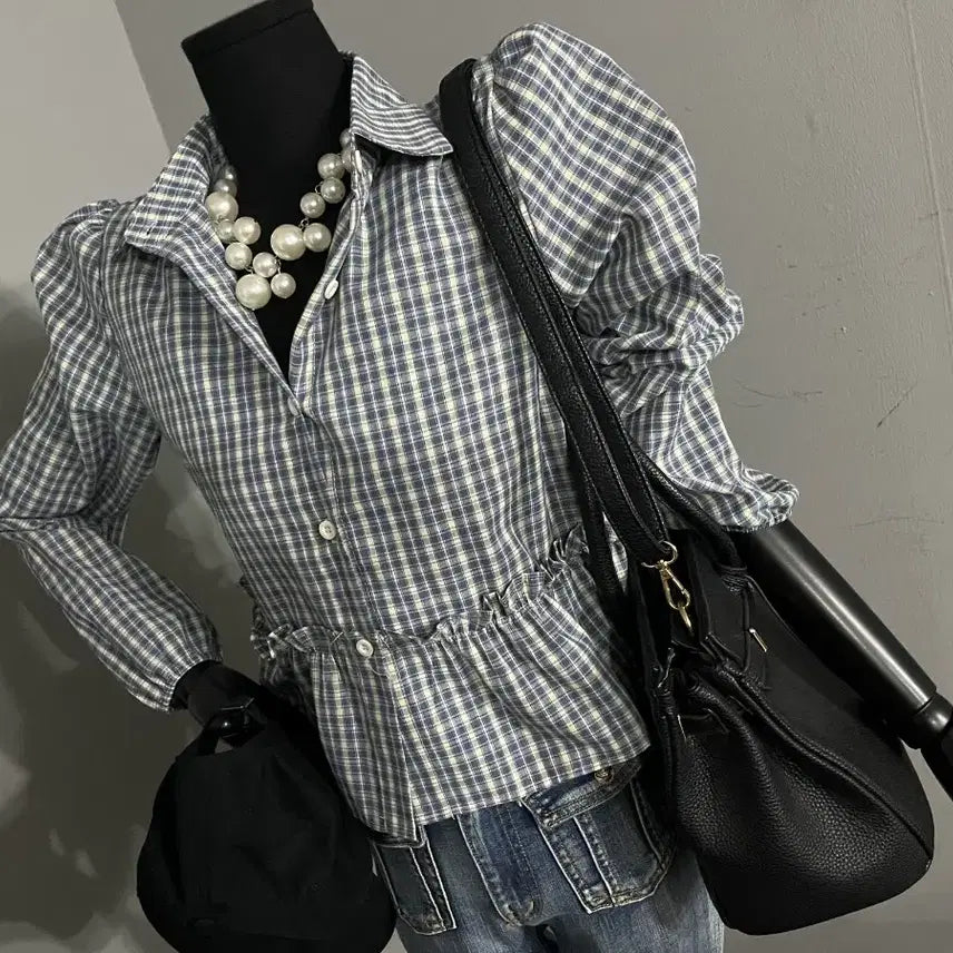 [BUNJANG] Check Flare Blouse / 체크블라우스/체크프릴블라우스/블라우스