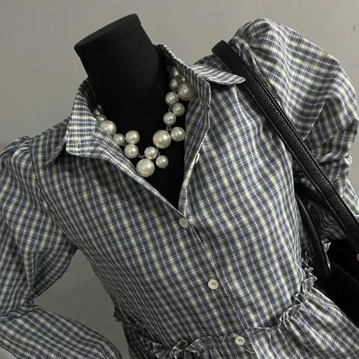 [BUNJANG] Check Flare Blouse / 체크블라우스/체크프릴블라우스/블라우스