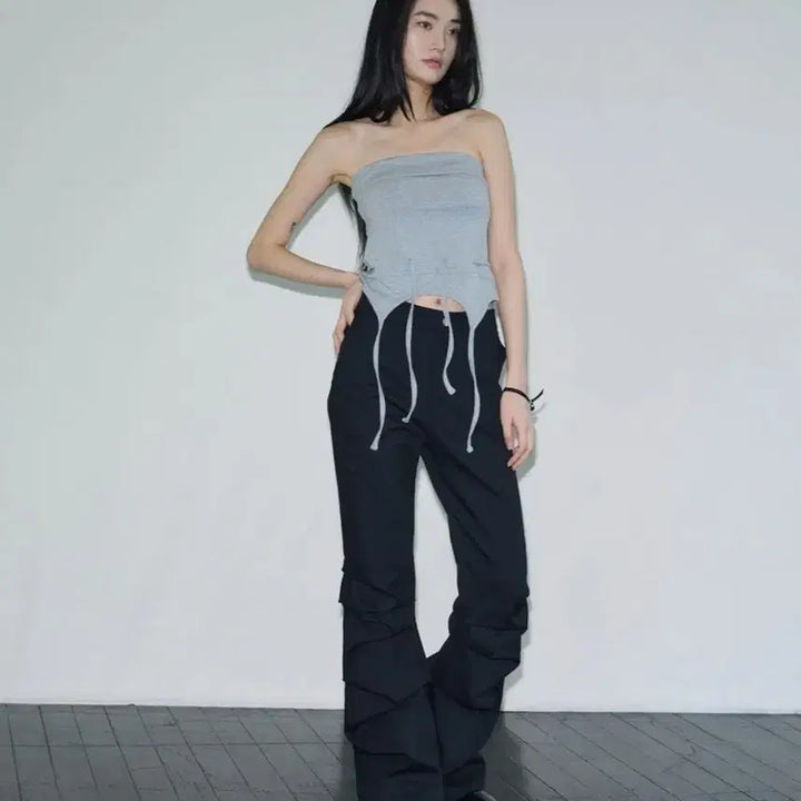 [SOLD OUT] 시스에이 이레귤러 코튼 플레어 턱 팬츠 블랙 m사이즈