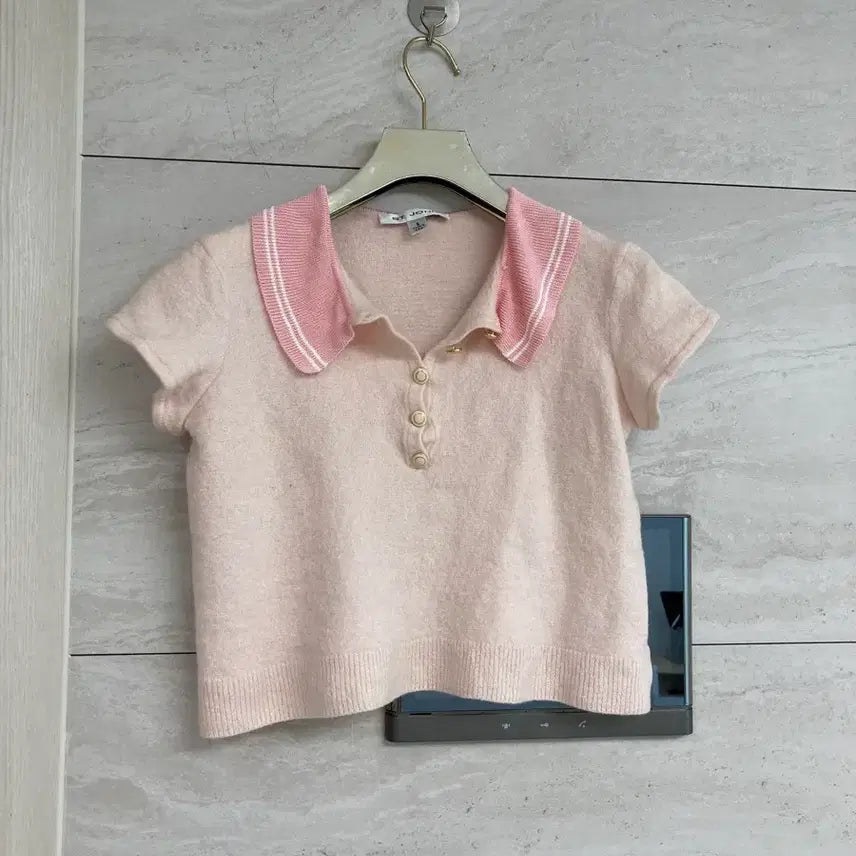 [BUNJANG] ST. JOHN Pink Collar Crop Knit Top / ST.JOHN 핑크 카라 니트 반팔티 백화점 큐롯 크롭니트