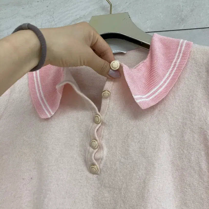 [BUNJANG] ST. JOHN Pink Collar Crop Knit Top / ST.JOHN 핑크 카라 니트 반팔티 백화점 큐롯 크롭니트