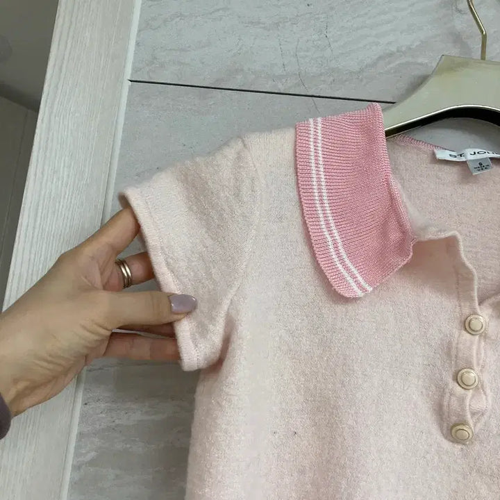 [BUNJANG] ST. JOHN Pink Collar Crop Knit Top / ST.JOHN 핑크 카라 니트 반팔티 백화점 큐롯 크롭니트