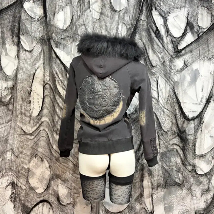 [BUNJANG] Vintage Punk Y2K Fur Hoodie Patch Bomber Jacket / 빈티지 펑크 Y2K Fur hoodie patch bomber jacke