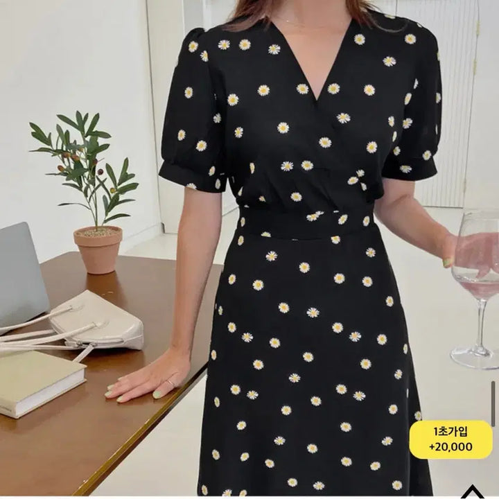[BUNJANG] Hotping Daisy Flower Print V-Neck Midi Dress / M) 핫핑 여성 플라워 반팔 원피스 데이지원피스