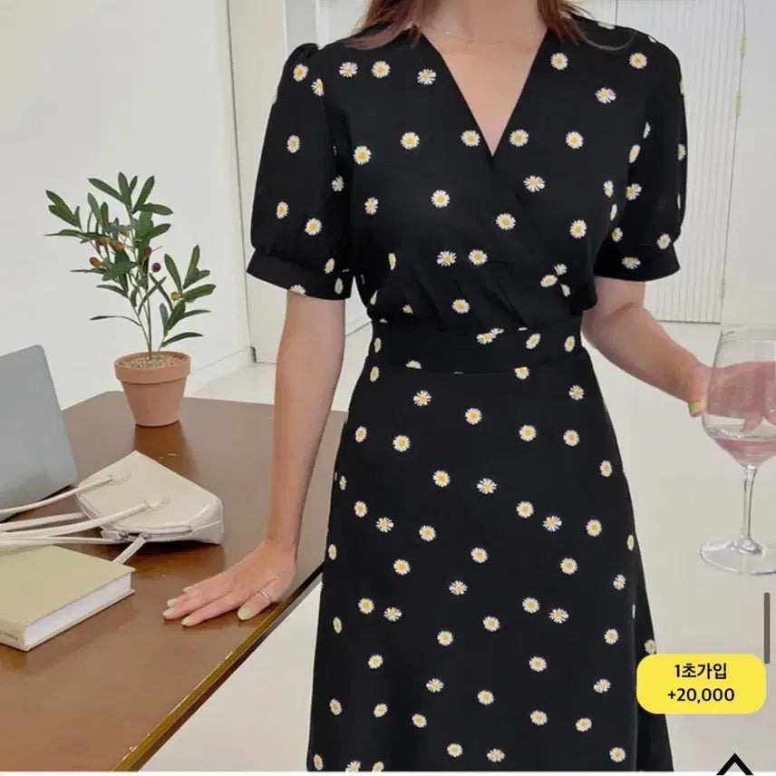 [BUNJANG] Hotping Daisy Flower Print V-Neck Midi Dress / M) 핫핑 여성 플라워 반팔 원피스 데이지원피스