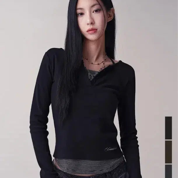 [SOLD OUT] 어반드레스 브이컷 스트라이프 레이어드티