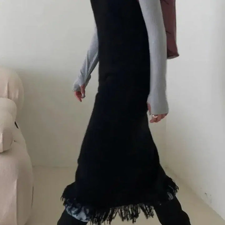 [BUNJANG] Black Tassel Detail Layered Maxi Dress / 무료배송. 새상품. 블랙 수술 니트 나시 롱 뷔스티에 레이어드 원피스