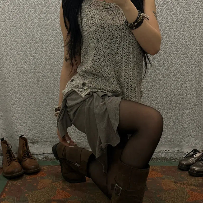 [BUNJANG] Bohemian Crochet Knit Vest / 빈티지 보헤미안 코지 모리 버튼 레이스 뜨개 니트 베스트 K0130