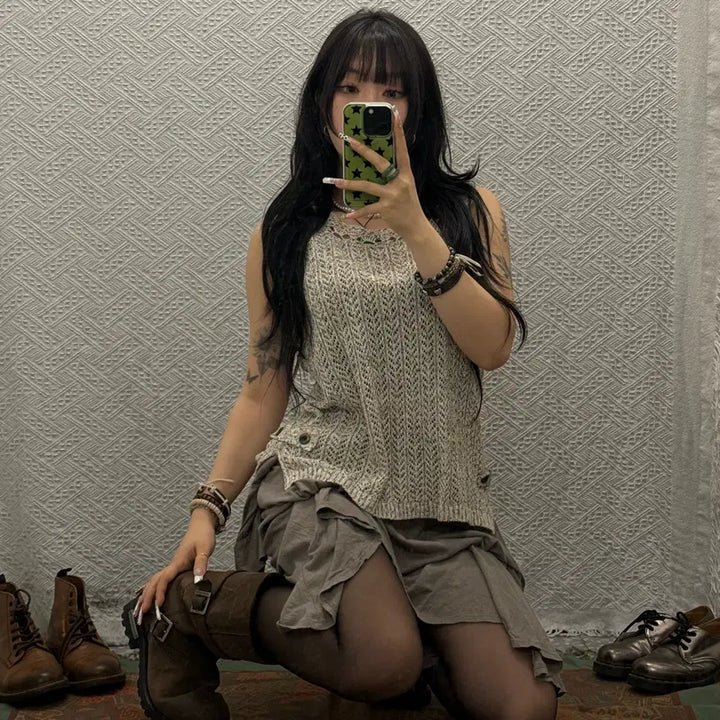 [BUNJANG] Bohemian Crochet Knit Vest / 빈티지 보헤미안 코지 모리 버튼 레이스 뜨개 니트 베스트 K0130