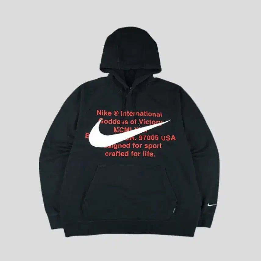 [BUNJANG] Nike Big Swoosh Logo Raglan Cotton Blend Hoodie / 나이키 블랙 화이트 레드 배색 빅스우시 로고 암로고 레글런 코튼블렌드 후