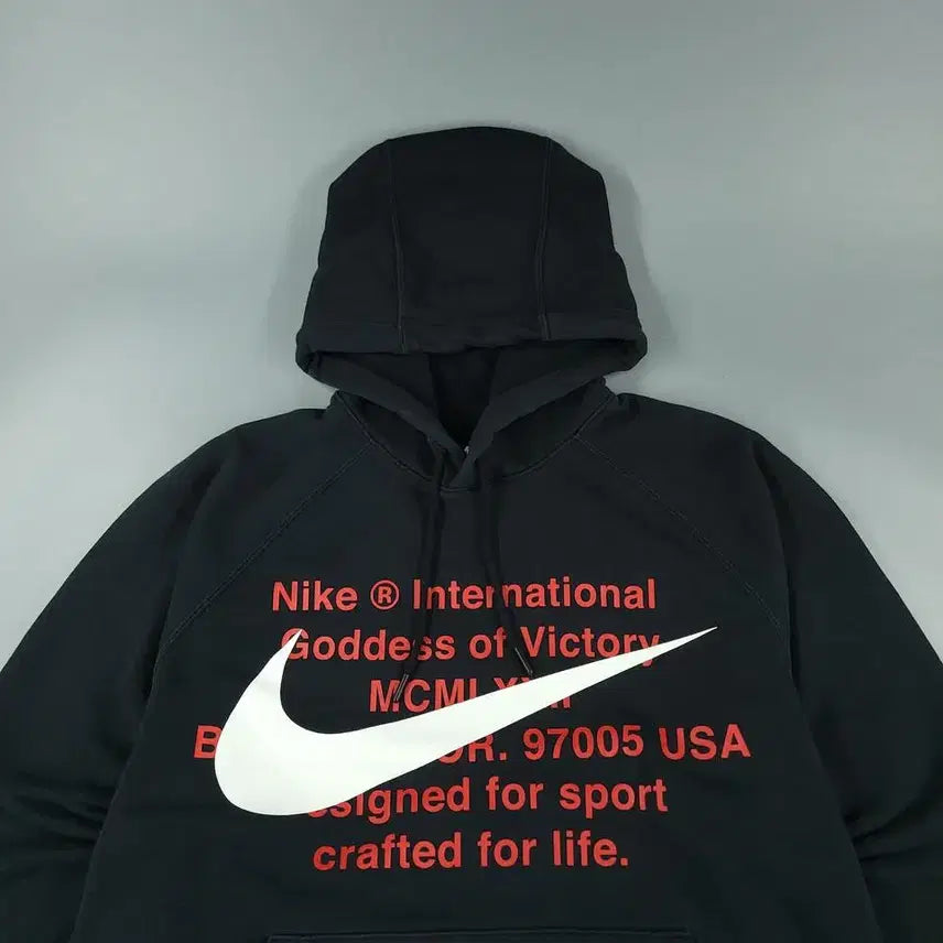 [BUNJANG] Nike Big Swoosh Logo Raglan Cotton Blend Hoodie / 나이키 블랙 화이트 레드 배색 빅스우시 로고 암로고 레글런 코튼블렌드 후