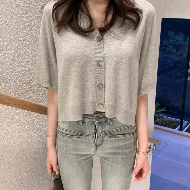 [BUNJANG] Summer Gray Knit Cardigan / 여름 반팔 니트 가디건 그레이