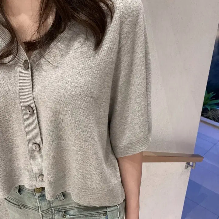 [BUNJANG] Summer Gray Knit Cardigan / 여름 반팔 니트 가디건 그레이
