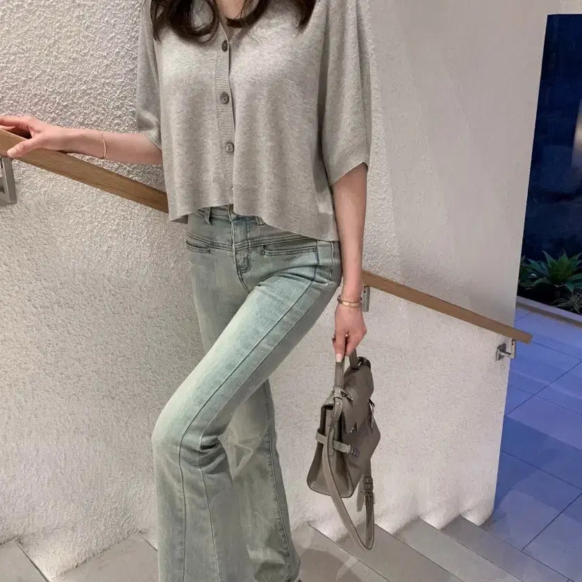 [BUNJANG] Summer Gray Knit Cardigan / 여름 반팔 니트 가디건 그레이