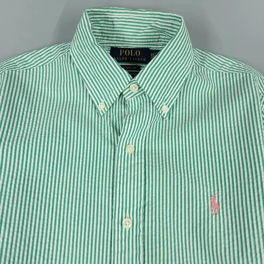 [BUNJANG] Polo Ralph Lauren Pink Pony Seersucker Button-Down Shirt / 폴로랄프로렌 그린 화이트 배색 핑크포니 클래식핏 버튼다운 코튼 시어서커