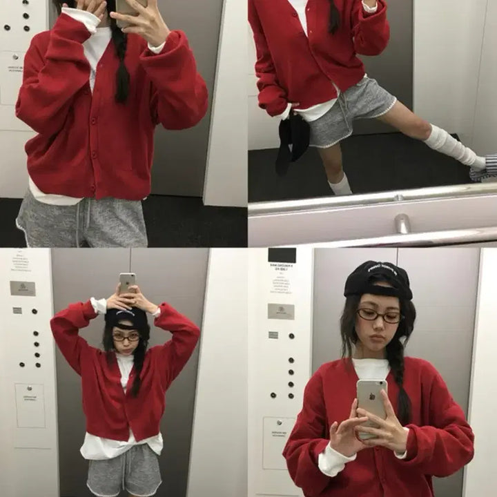 [BUNJANG] V-Neck Knit Cardigan Red / 브이넥 니트가디건 레드