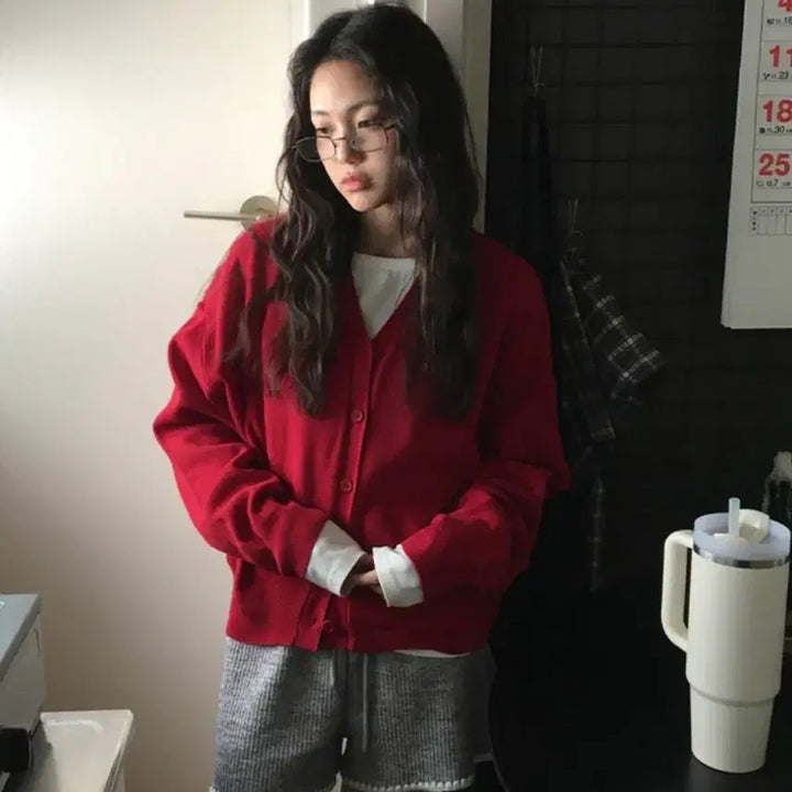 [BUNJANG] V-Neck Knit Cardigan Red / 브이넥 니트가디건 레드