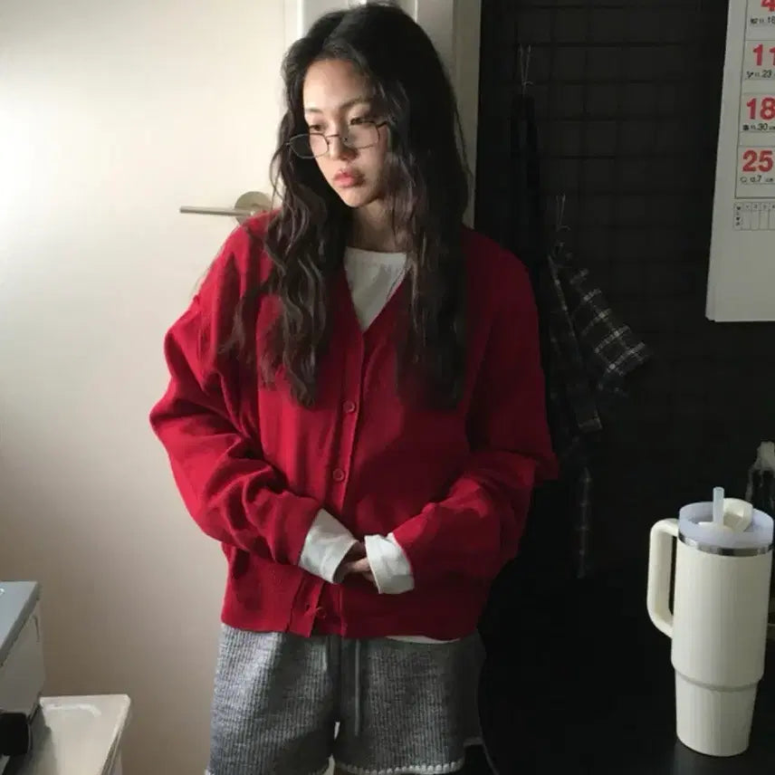 [BUNJANG] V-Neck Knit Cardigan Red / 브이넥 니트가디건 레드