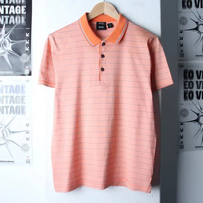 [BUNJANG] Hugo Boss Striped Polo Shirt / (M-L) 휴고보스 반팔 카라 티셔츠 스트라이프 오렌지 놈코어-184DB