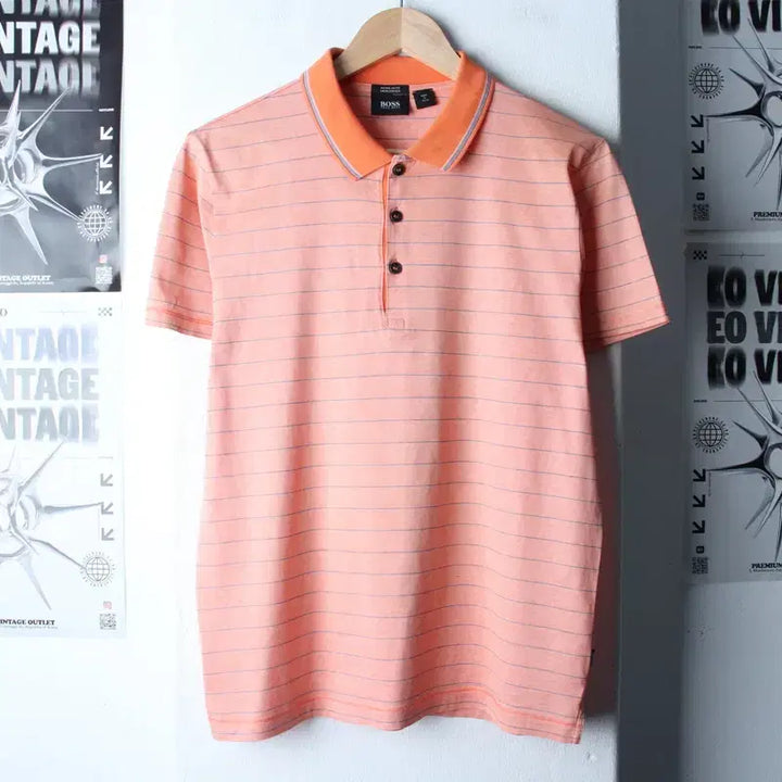 [BUNJANG] Hugo Boss Striped Polo Shirt / (M-L) 휴고보스 반팔 카라 티셔츠 스트라이프 오렌지 놈코어-184DB