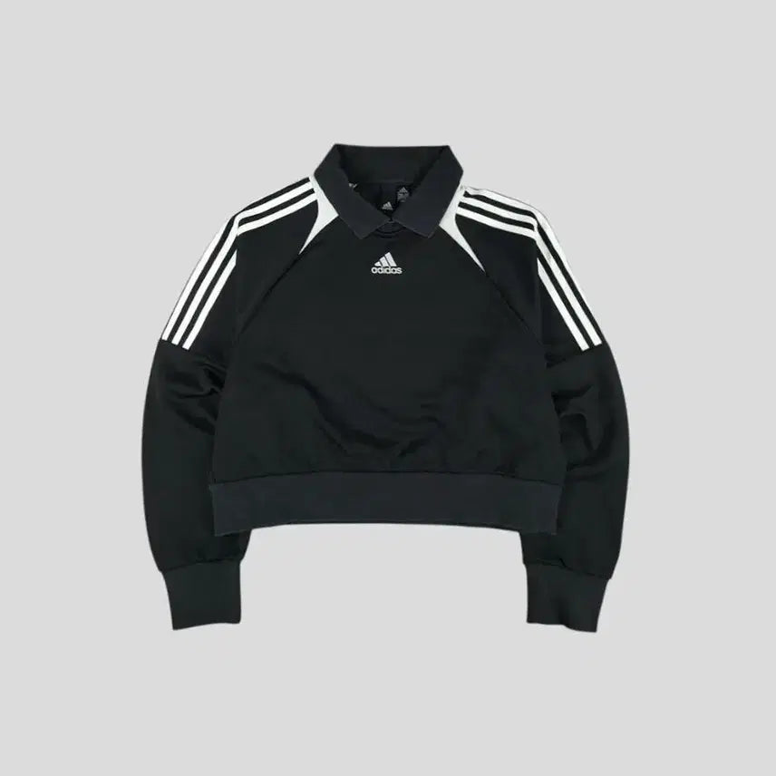 [BUNJANG] Adidas Black White Logo Raglan Crop Top / 아디다스 블랙 화이트 로고 삼선 레글런 가오리핏 크롭핏 카라넥 코튼블렌드