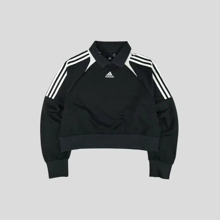 [BUNJANG] Adidas Black White Logo Raglan Crop Top / 아디다스 블랙 화이트 로고 삼선 레글런 가오리핏 크롭핏 카라넥 코튼블렌드