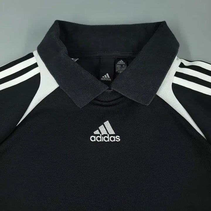 [BUNJANG] Adidas Black White Logo Raglan Crop Top / 아디다스 블랙 화이트 로고 삼선 레글런 가오리핏 크롭핏 카라넥 코튼블렌드