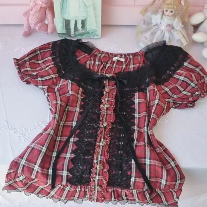 [BUNJANG] axes femme Red Check Lace Blouse / 엑시즈팜(axes femme) 레드 체크 레이스 블라우스