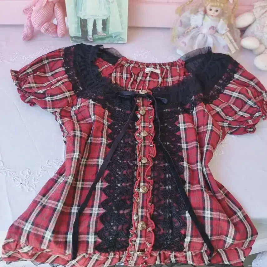 [BUNJANG] axes femme Red Check Lace Blouse / 엑시즈팜(axes femme) 레드 체크 레이스 블라우스