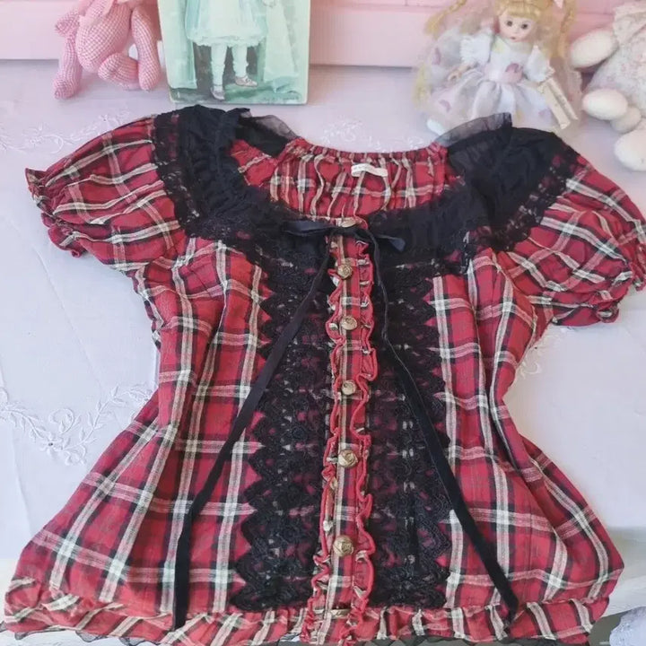 [BUNJANG] axes femme Red Check Lace Blouse / 엑시즈팜(axes femme) 레드 체크 레이스 블라우스