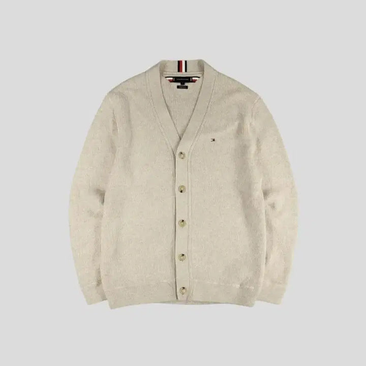 [BUNJANG] Tommy Hilfiger Light Beige Merino Wool V-Neck Cardigan / 타미힐피거 라이트베이지 브이넥 메리노울 니트 가디건 L
