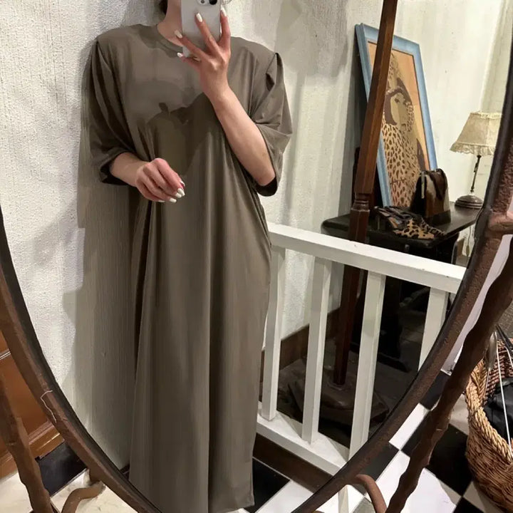 [BUNJANG] Long Cooling Dress Beige Brown / 어깨패드 쿨링 롱원피스 베이지브라운