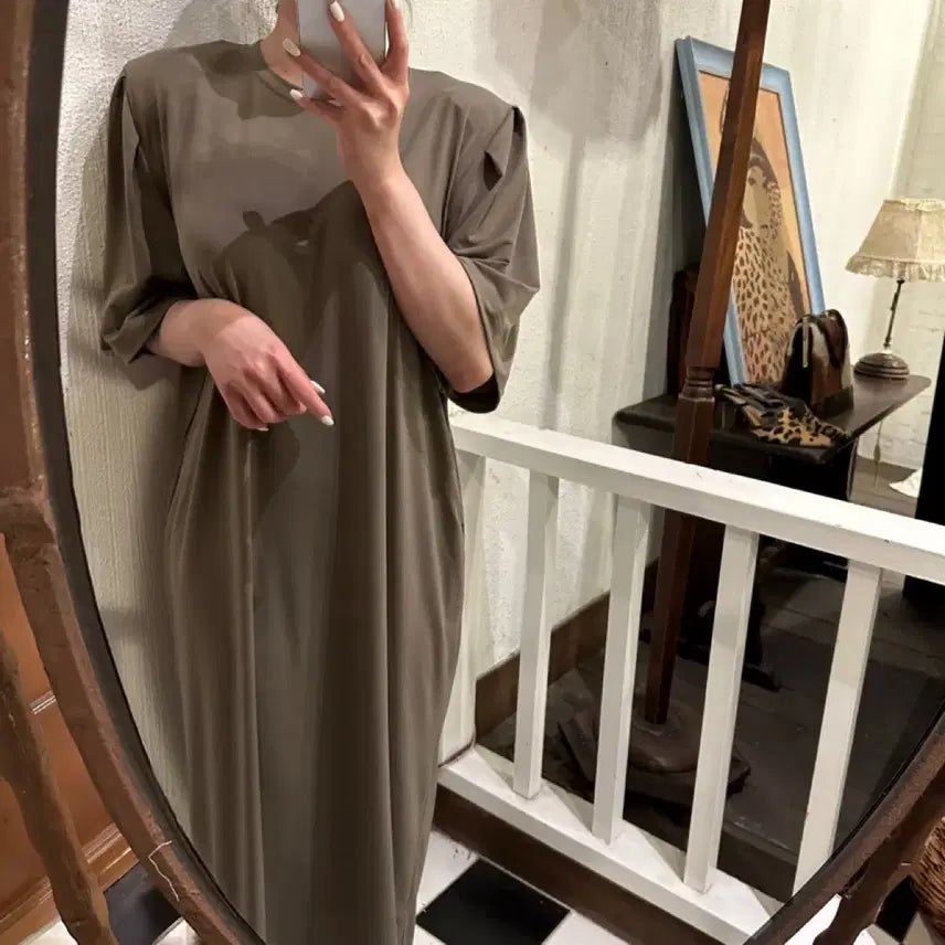 [BUNJANG] Long Cooling Dress Beige Brown / 어깨패드 쿨링 롱원피스 베이지브라운