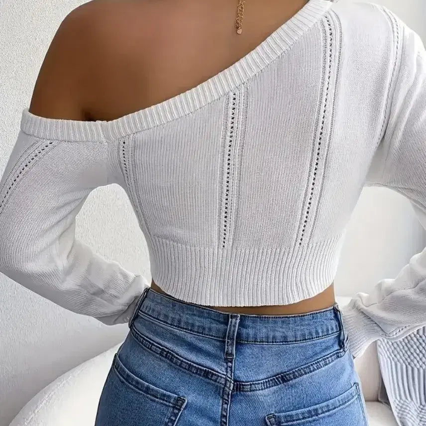 [BUNJANG] White Off-Shoulder Crop Knit Top / [새상품]화이트 언발 오프숄더 크롭 니트 L