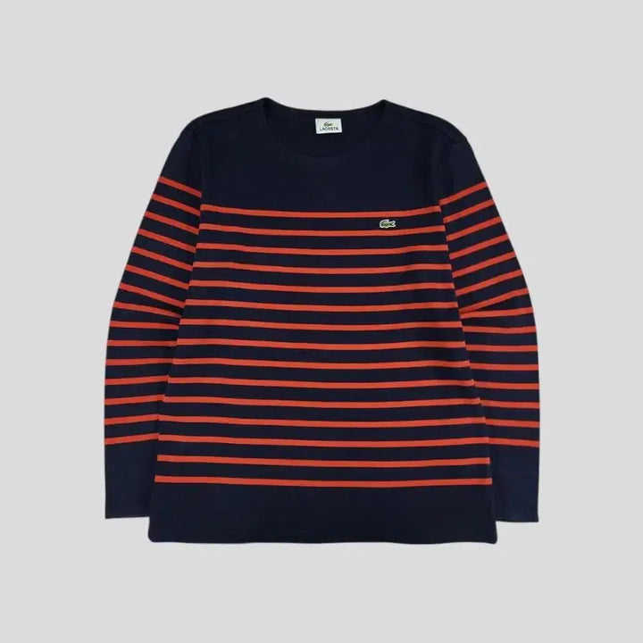 [BUNJANG] Lacoste Stripe Pattern Cotton Long Sleeve T-Shirt / 라코스테 네이비 오렌지 배색 스트라이프패턴 크록로고 코튼 긴팔 티셔츠 롱
