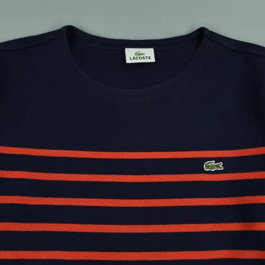 [BUNJANG] Lacoste Stripe Pattern Cotton Long Sleeve T-Shirt / 라코스테 네이비 오렌지 배색 스트라이프패턴 크록로고 코튼 긴팔 티셔츠 롱