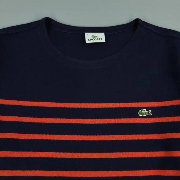 [BUNJANG] Lacoste Stripe Pattern Cotton Long Sleeve T-Shirt / 라코스테 네이비 오렌지 배색 스트라이프패턴 크록로고 코튼 긴팔 티셔츠 롱