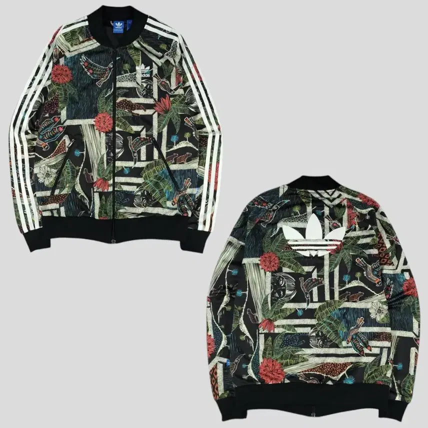 [BUNJANG] Adidas Blacktone Trefoil Floral Track Top / 아디다스 블랙톤 멀티컬러 트레포일 로고 플로랄 리프패턴 레글런 트랙탑 집